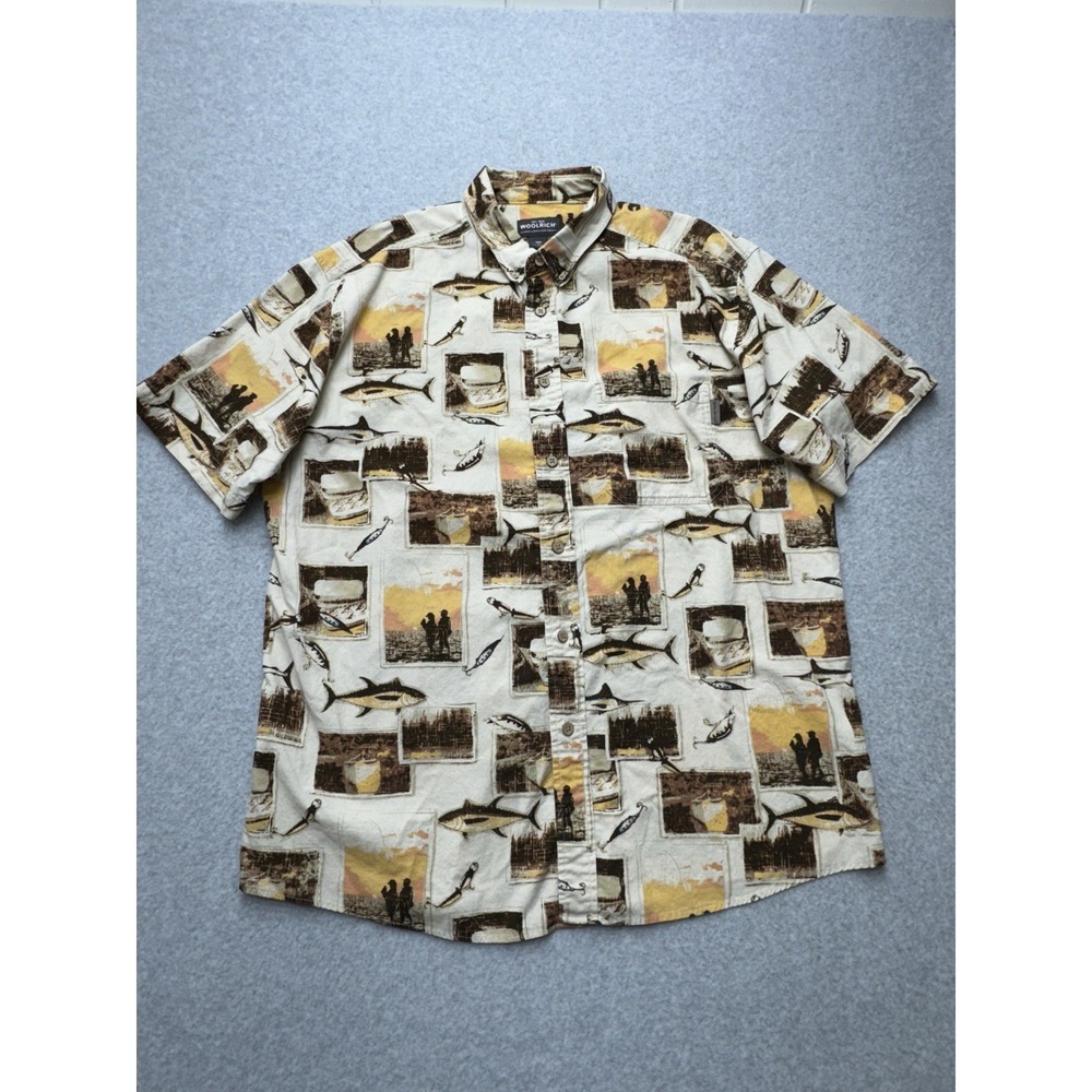 Woolrich Shirt Mens XL Beige Multi Fish Photo‎ Short Sleeve Button Cotton 6169
